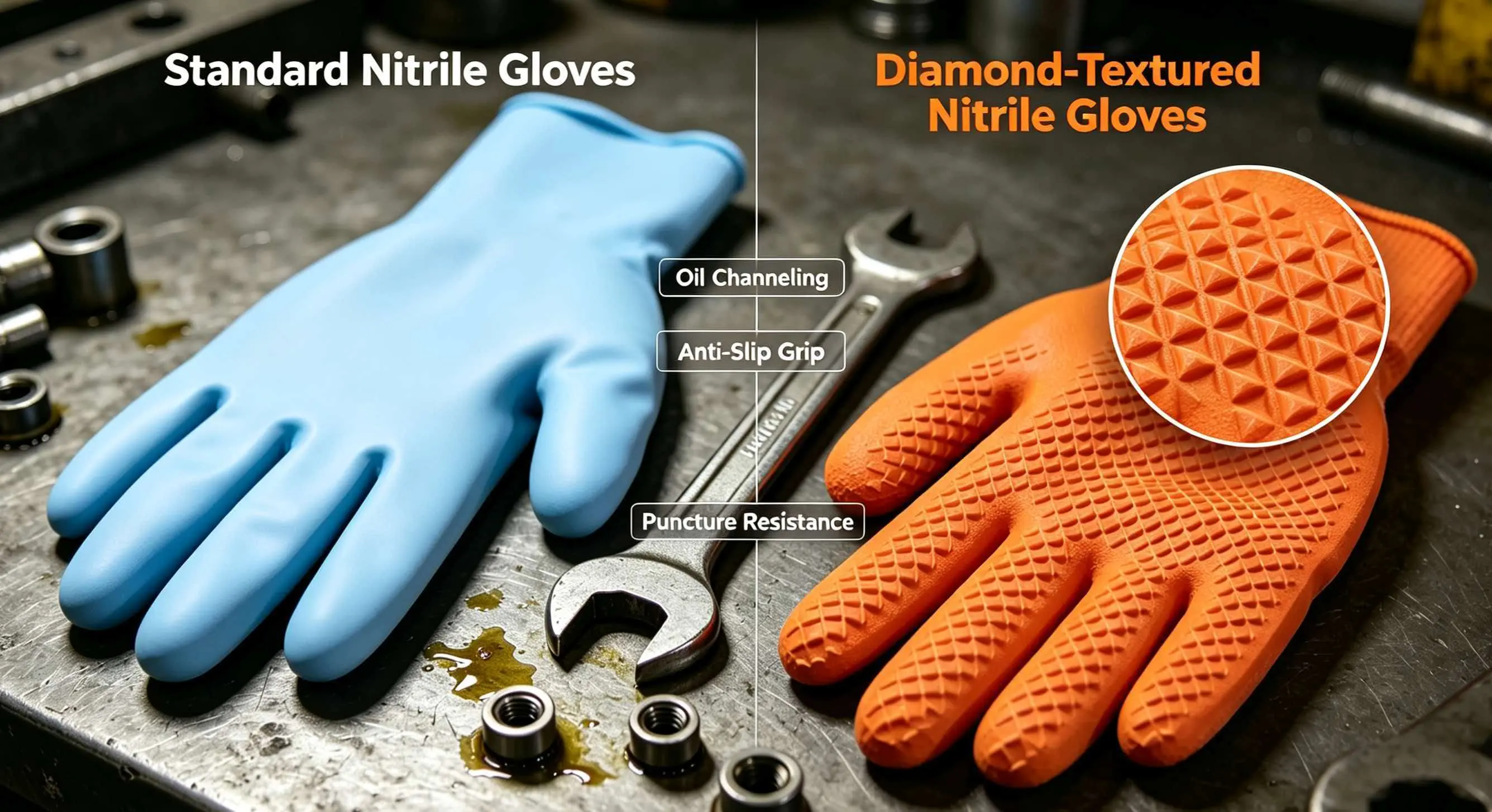 Diamond-textured nitrile gloves compared to regular nitrile gloves, showing anti-slip grip, oil channeling, and puncture resistance for auto repair and industrial use.