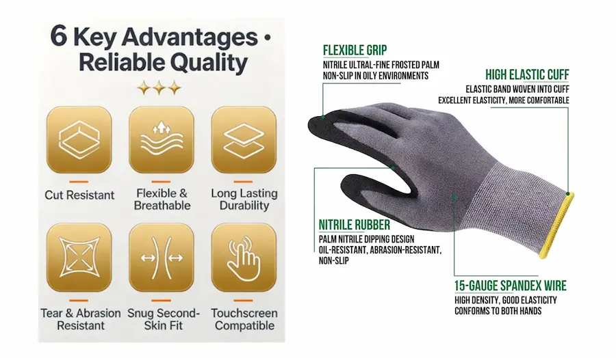 Detailed technical infographic showcasing 6 key advantages, 15-gauge spandex wire liner, and flexible nitrile foam grip features of safety work gloves